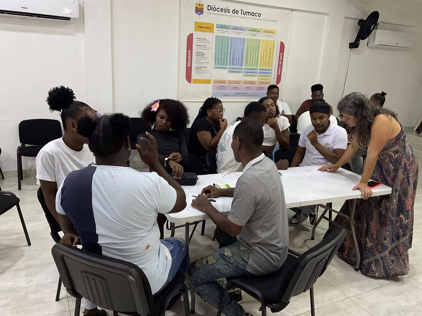 Participantes conversando en grupos